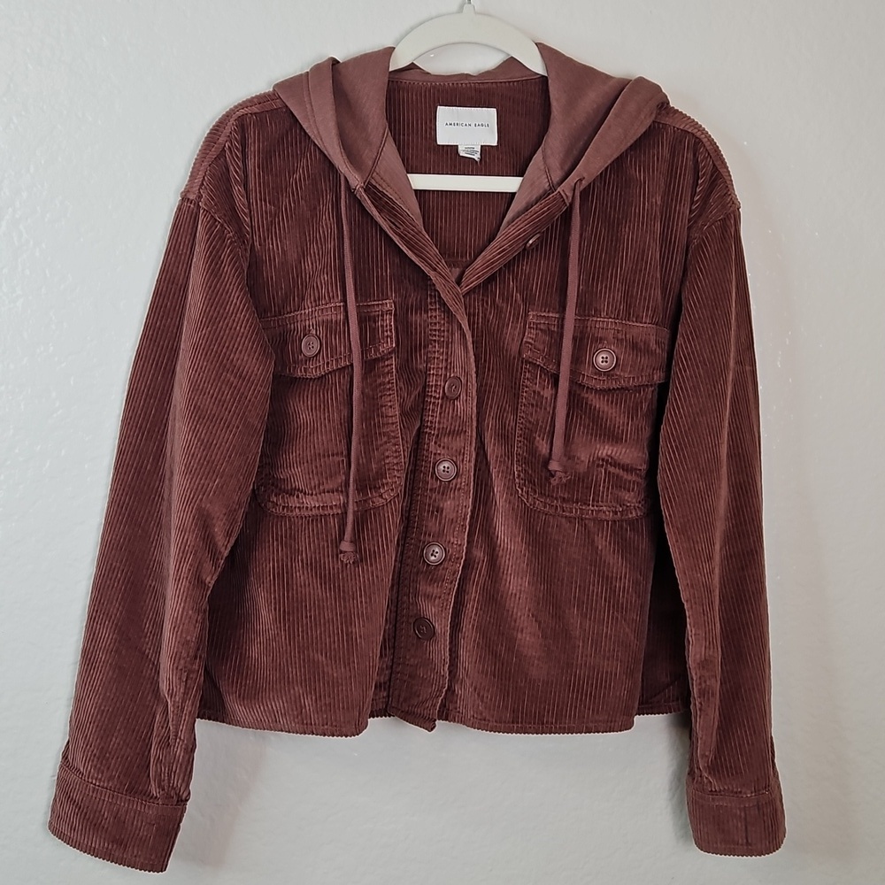 American Eagle Women’s Corduroy Bomber Hoodie Jacket Rust Brown Size M